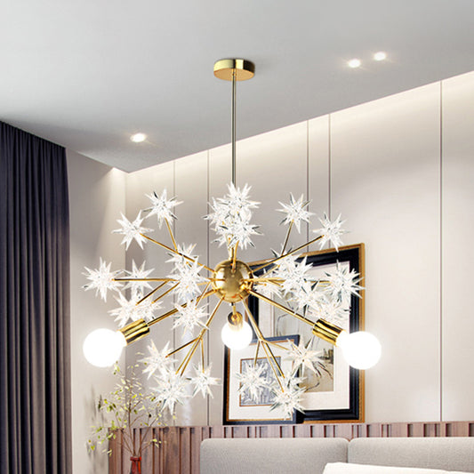 Exposed Bulb Bedroom Semi Flush Light Acrylic 3 Heads Modernism Ceiling Mount Chandelier in Gold with Star Decor Gold Clearhalo 'Ceiling Lights' 'Close To Ceiling Lights' 'Close to ceiling' 'Semi-flushmount' Lighting' 1476099