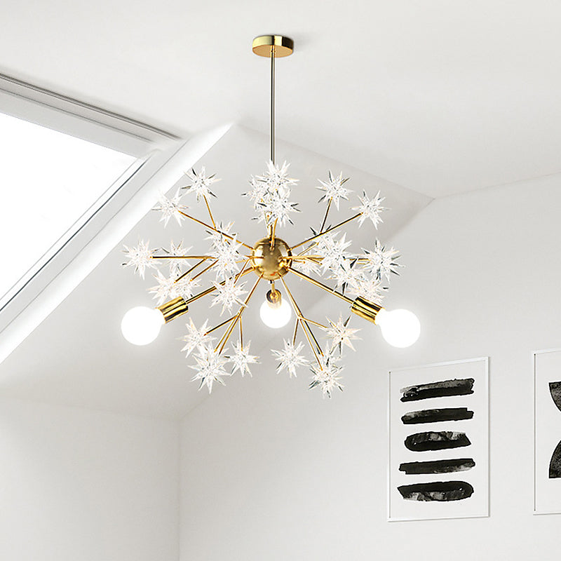 Exposed Bulb Bedroom Semi Flush Light Acrylic 3 Heads Modernism Ceiling Mount Chandelier in Gold with Star Decor Clearhalo 'Ceiling Lights' 'Close To Ceiling Lights' 'Close to ceiling' 'Semi-flushmount' Lighting' 1476100