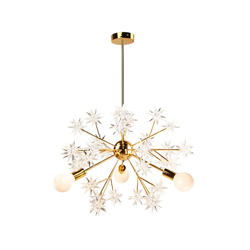 Exposed Bulb Bedroom Semi Flush Light Acrylic 3 Heads Modernism Ceiling Mount Chandelier in Gold with Star Decor Clearhalo 'Ceiling Lights' 'Close To Ceiling Lights' 'Close to ceiling' 'Semi-flushmount' Lighting' 1476101