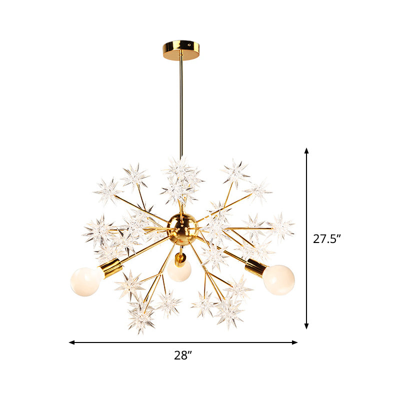 Exposed Bulb Bedroom Semi Flush Light Acrylic 3 Heads Modernism Ceiling Mount Chandelier in Gold with Star Decor Clearhalo 'Ceiling Lights' 'Close To Ceiling Lights' 'Close to ceiling' 'Semi-flushmount' Lighting' 1476103