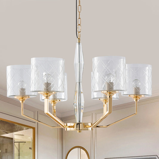 Clear Lattice Glass Pillar Chandelier Mid Century 6 Lights Gold Hanging Pendant for Bedroom Gold Clearhalo 'Ceiling Lights' 'Chandeliers' 'Modern Chandeliers' 'Modern' Lighting' 1476114