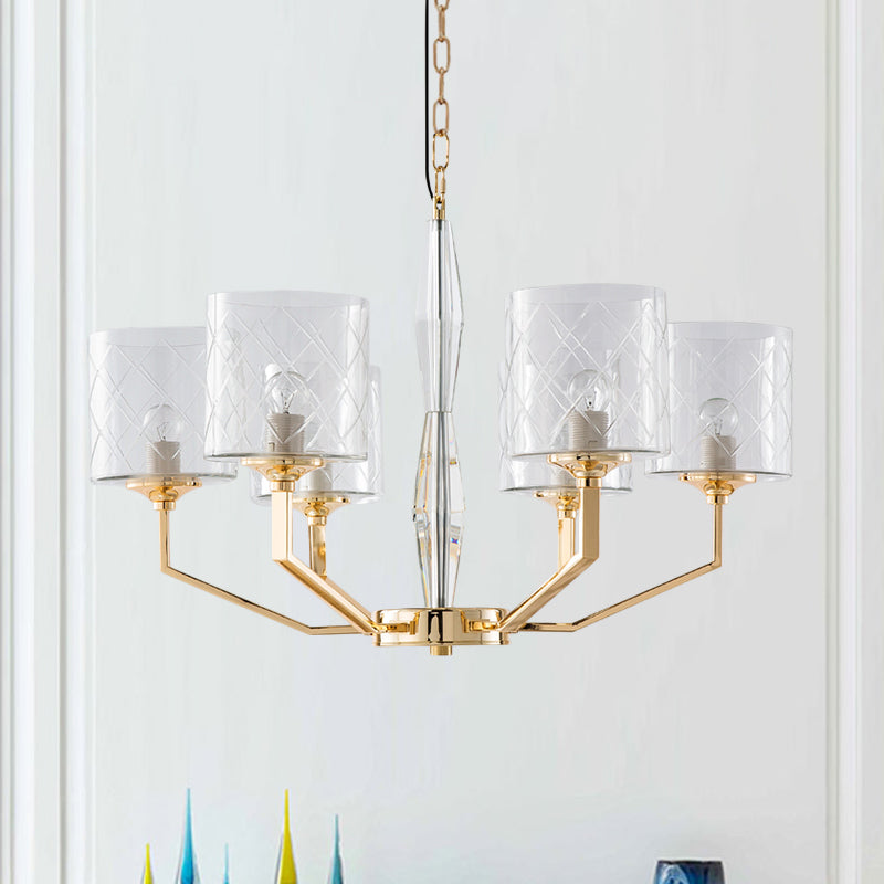 Clear Lattice Glass Pillar Chandelier Mid Century 6 Lights Gold Hanging Pendant for Bedroom Clearhalo 'Ceiling Lights' 'Chandeliers' 'Modern Chandeliers' 'Modern' Lighting' 1476115