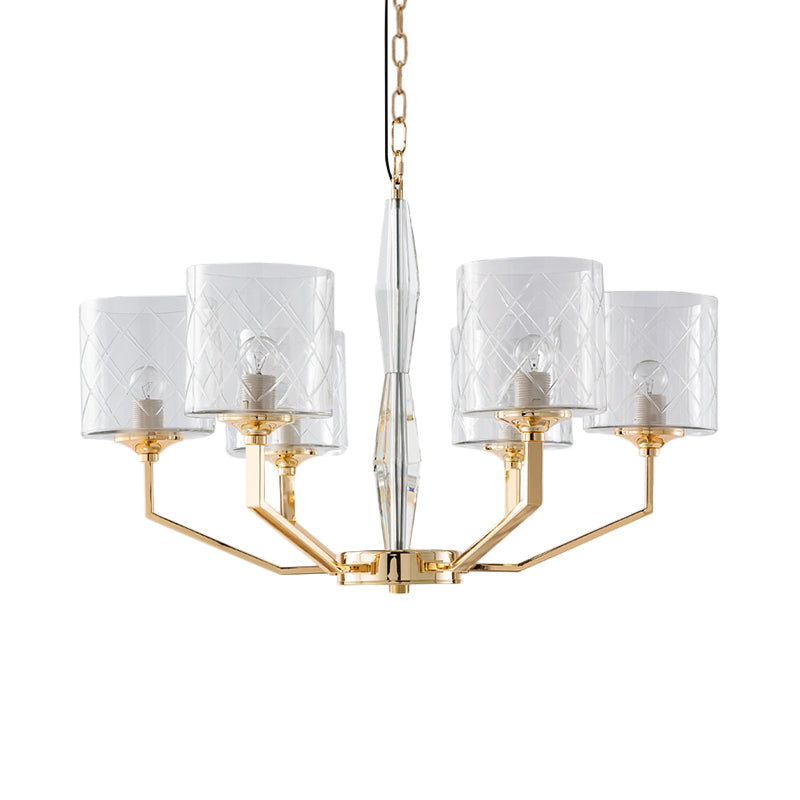 Clear Lattice Glass Pillar Chandelier Mid Century 6 Lights Gold Hanging Pendant for Bedroom Clearhalo 'Ceiling Lights' 'Chandeliers' 'Modern Chandeliers' 'Modern' Lighting' 1476116