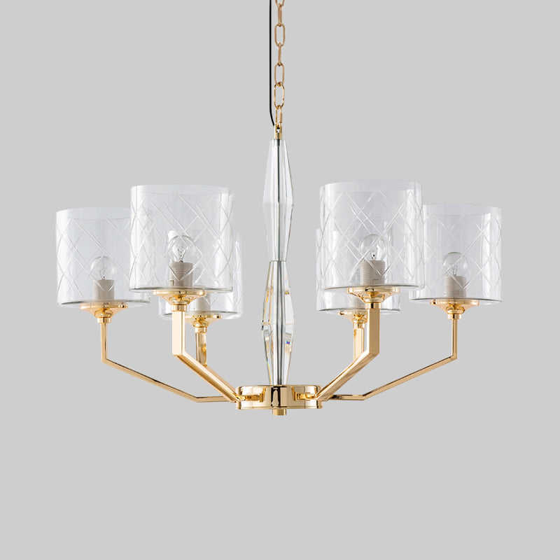 Clear Lattice Glass Pillar Chandelier Mid Century 6 Lights Gold Hanging Pendant for Bedroom Clearhalo 'Ceiling Lights' 'Chandeliers' 'Modern Chandeliers' 'Modern' Lighting' 1476117