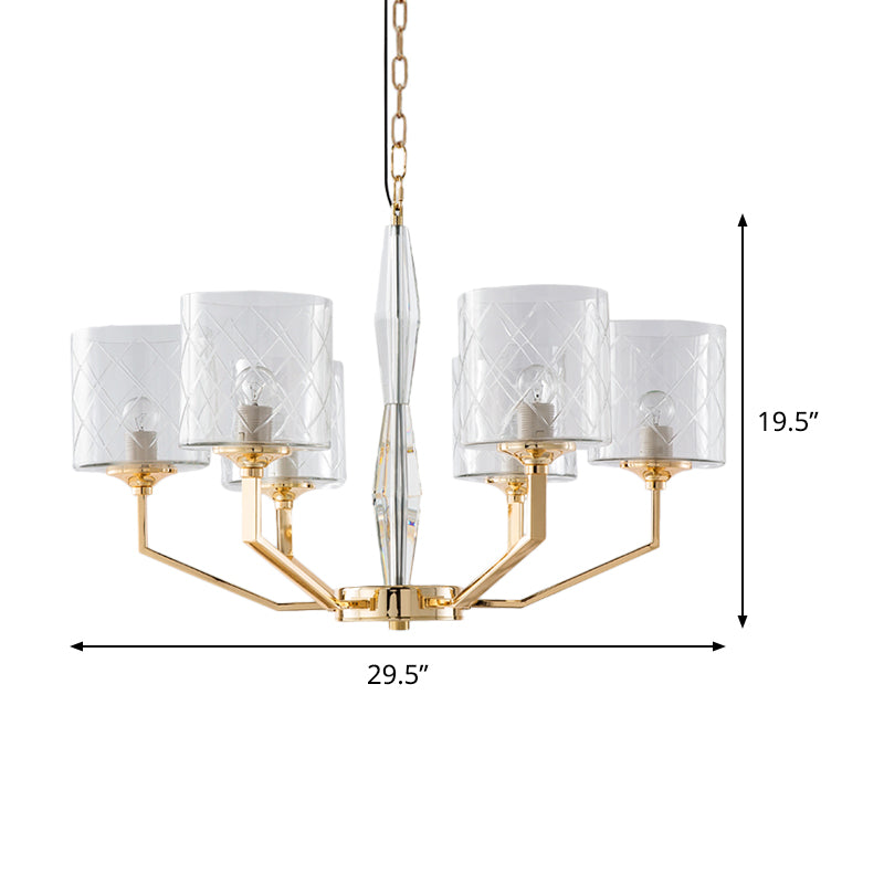 Clear Lattice Glass Pillar Chandelier Mid Century 6 Lights Gold Hanging Pendant for Bedroom Clearhalo 'Ceiling Lights' 'Chandeliers' 'Modern Chandeliers' 'Modern' Lighting' 1476118