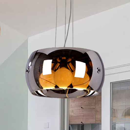 3 Bulbs Dining Room Chandelier Contemporary Chrome Hanging Light with Drum Mirrored Glass Shade Chrome Clearhalo 'Ceiling Lights' 'Chandeliers' 'Glass shade' 'Glass' 'Modern Chandeliers' 'Modern' Lighting' 1476128