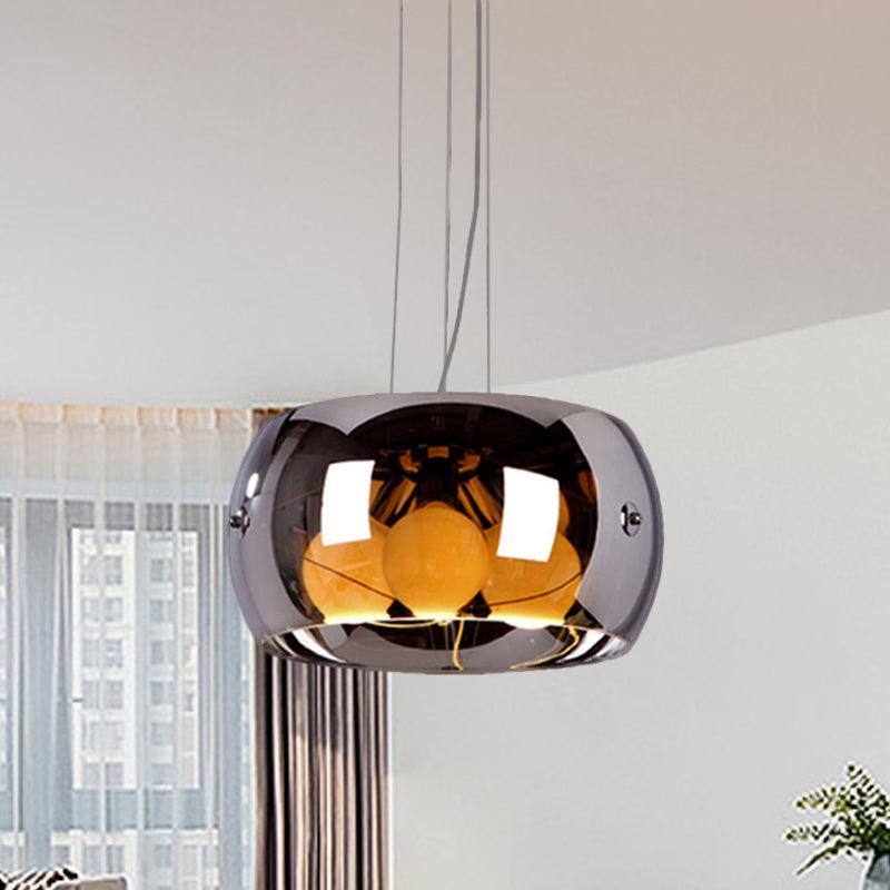 3 Bulbs Dining Room Chandelier Contemporary Chrome Hanging Light with Drum Mirrored Glass Shade Clearhalo 'Ceiling Lights' 'Chandeliers' 'Glass shade' 'Glass' 'Modern Chandeliers' 'Modern' Lighting' 1476129