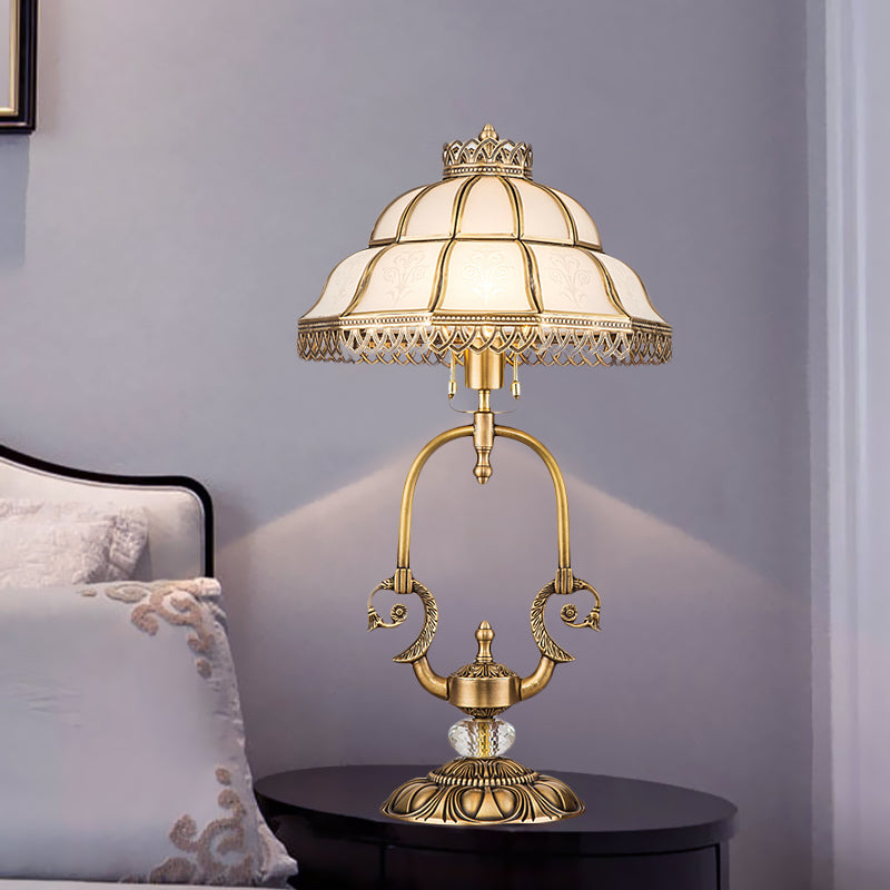 1/2-Light Dome/Bowl Night Lamp Traditional Gold Finish White Glass Nightstand Light with Peacock/Elliptical Frame Design Clearhalo 'Lamps' 'Table Lamps' Lighting' 1476222