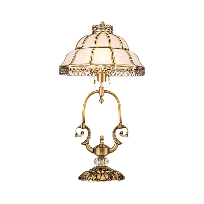 1/2-Light Dome/Bowl Night Lamp Traditional Gold Finish White Glass Nightstand Light with Peacock/Elliptical Frame Design Clearhalo 'Lamps' 'Table Lamps' Lighting' 1476224