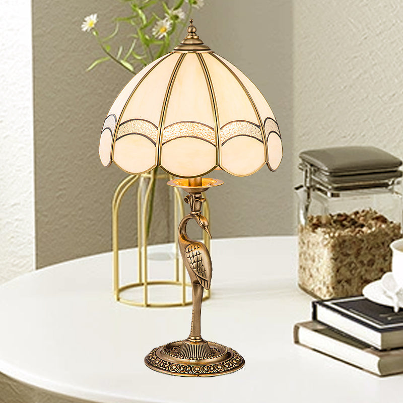 1/2-Light Dome/Bowl Night Lamp Traditional Gold Finish White Glass Nightstand Light with Peacock/Elliptical Frame Design Clearhalo 'Lamps' 'Table Lamps' Lighting' 1476226