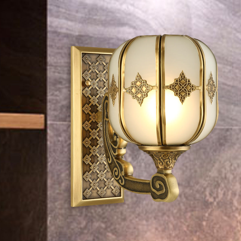 Lantern Bedroom Wall Sconce Light Colonial Frosted Glass 1-Bulb Gold Wall Lamp with Curved/Straight Arm Clearhalo 'Wall Lamps & Sconces' 'Wall Lights' Lighting' 1476306