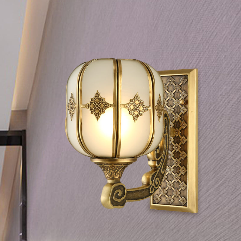 Lantern Bedroom Wall Sconce Light Colonial Frosted Glass 1-Bulb Gold Wall Lamp with Curved/Straight Arm Gold A Clearhalo 'Wall Lamps & Sconces' 'Wall Lights' Lighting' 1476307