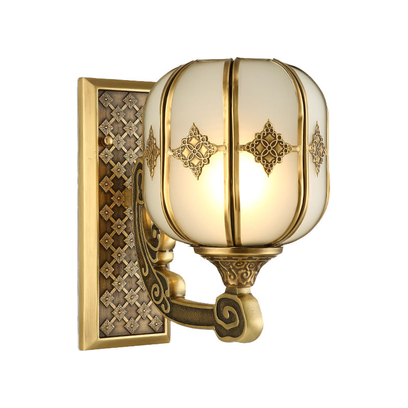 Lantern Bedroom Wall Sconce Light Colonial Frosted Glass 1-Bulb Gold Wall Lamp with Curved/Straight Arm Clearhalo 'Wall Lamps & Sconces' 'Wall Lights' Lighting' 1476309