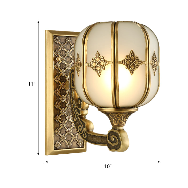 Lantern Bedroom Wall Sconce Light Colonial Frosted Glass 1-Bulb Gold Wall Lamp with Curved/Straight Arm Clearhalo 'Wall Lamps & Sconces' 'Wall Lights' Lighting' 1476310