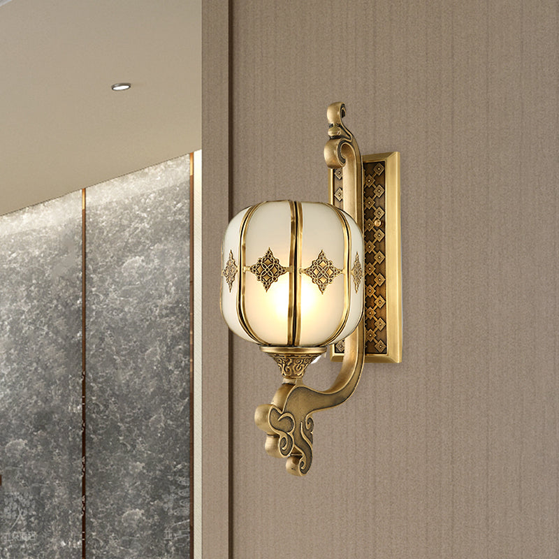 Lantern Bedroom Wall Sconce Light Colonial Frosted Glass 1-Bulb Gold Wall Lamp with Curved/Straight Arm Gold B Clearhalo 'Wall Lamps & Sconces' 'Wall Lights' Lighting' 1476312