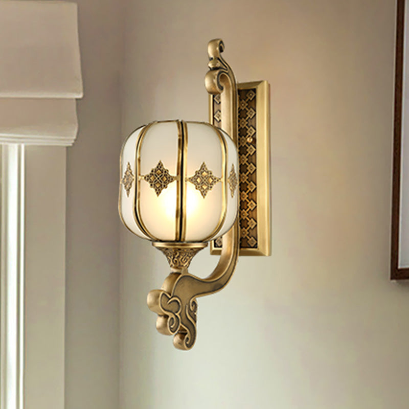 Lantern Bedroom Wall Sconce Light Colonial Frosted Glass 1-Bulb Gold Wall Lamp with Curved/Straight Arm Clearhalo 'Wall Lamps & Sconces' 'Wall Lights' Lighting' 1476313