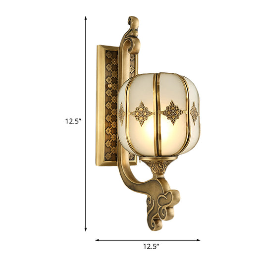 Lantern Bedroom Wall Sconce Light Colonial Frosted Glass 1-Bulb Gold Wall Lamp with Curved/Straight Arm Clearhalo 'Wall Lamps & Sconces' 'Wall Lights' Lighting' 1476315