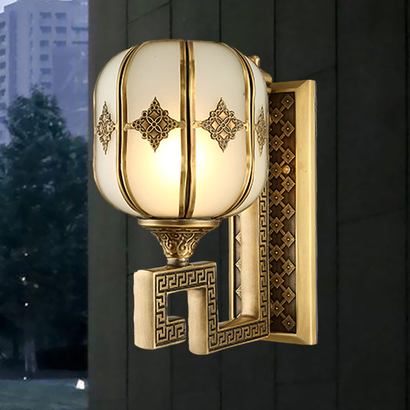 Lantern Bedroom Wall Sconce Light Colonial Frosted Glass 1-Bulb Gold Wall Lamp with Curved/Straight Arm Clearhalo 'Wall Lamps & Sconces' 'Wall Lights' Lighting' 1476316