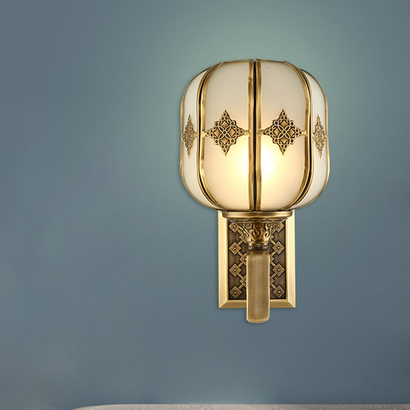 Lantern Bedroom Wall Sconce Light Colonial Frosted Glass 1-Bulb Gold Wall Lamp with Curved/Straight Arm Clearhalo 'Wall Lamps & Sconces' 'Wall Lights' Lighting' 1476318