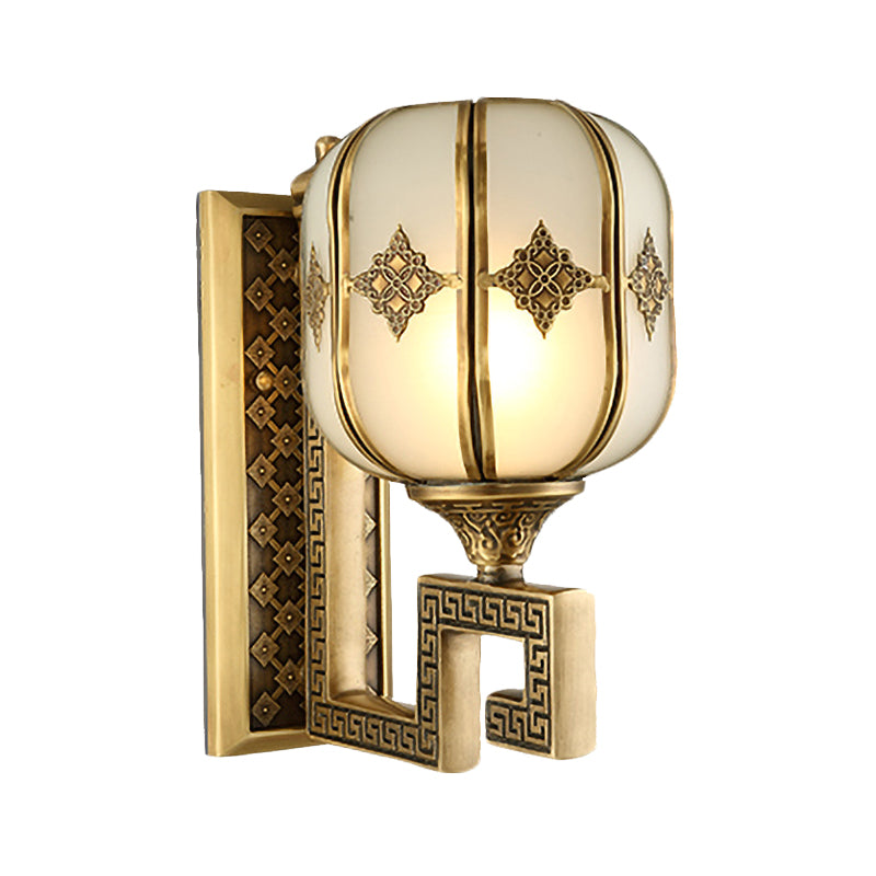 Lantern Bedroom Wall Sconce Light Colonial Frosted Glass 1-Bulb Gold Wall Lamp with Curved/Straight Arm Clearhalo 'Wall Lamps & Sconces' 'Wall Lights' Lighting' 1476319