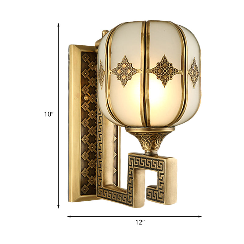 Lantern Bedroom Wall Sconce Light Colonial Frosted Glass 1-Bulb Gold Wall Lamp with Curved/Straight Arm Clearhalo 'Wall Lamps & Sconces' 'Wall Lights' Lighting' 1476320