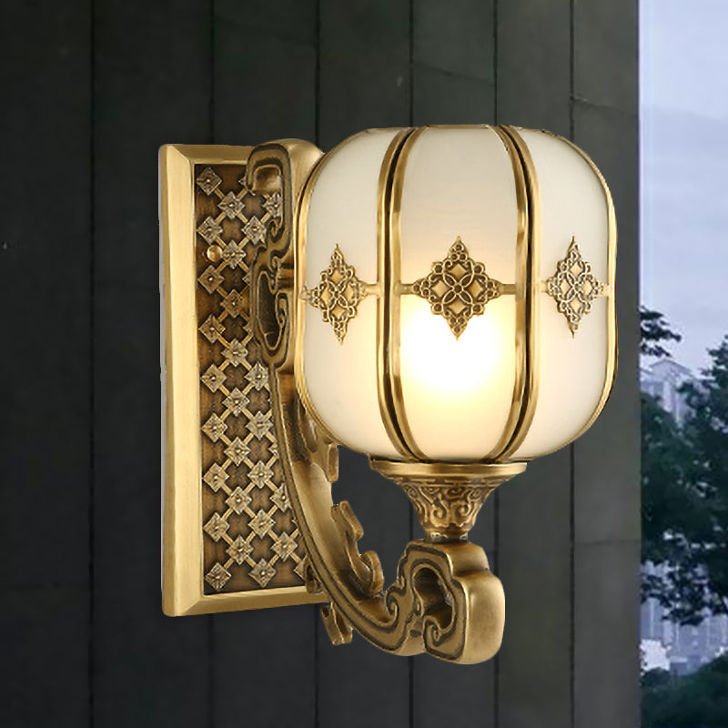 Lantern Bedroom Wall Sconce Light Colonial Frosted Glass 1-Bulb Gold Wall Lamp with Curved/Straight Arm Clearhalo 'Wall Lamps & Sconces' 'Wall Lights' Lighting' 1476321