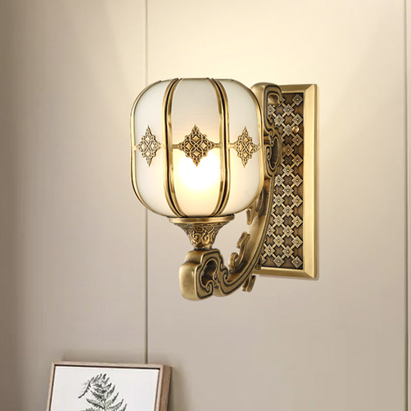 Lantern Bedroom Wall Sconce Light Colonial Frosted Glass 1-Bulb Gold Wall Lamp with Curved/Straight Arm Gold D Clearhalo 'Wall Lamps & Sconces' 'Wall Lights' Lighting' 1476322