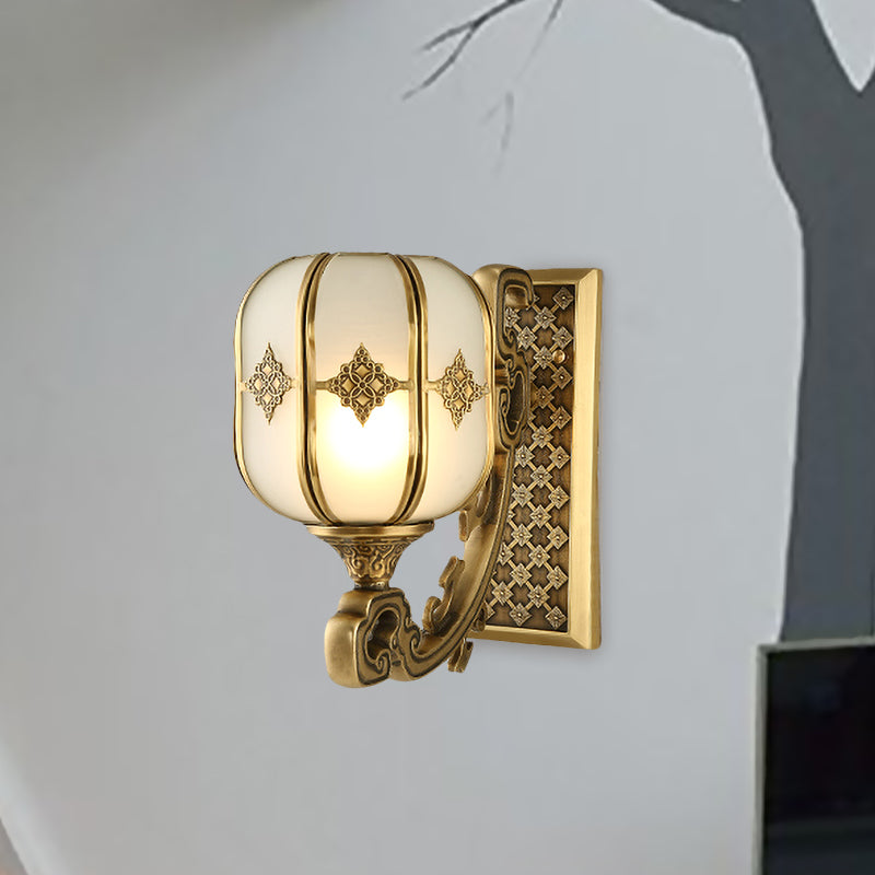 Lantern Bedroom Wall Sconce Light Colonial Frosted Glass 1-Bulb Gold Wall Lamp with Curved/Straight Arm Clearhalo 'Wall Lamps & Sconces' 'Wall Lights' Lighting' 1476323