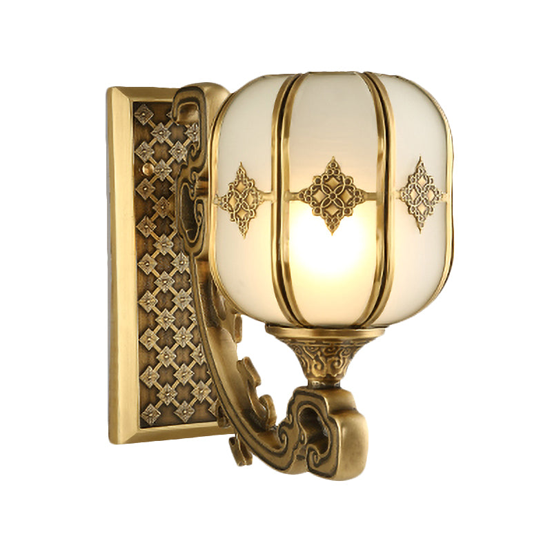 Lantern Bedroom Wall Sconce Light Colonial Frosted Glass 1-Bulb Gold Wall Lamp with Curved/Straight Arm Clearhalo 'Wall Lamps & Sconces' 'Wall Lights' Lighting' 1476324