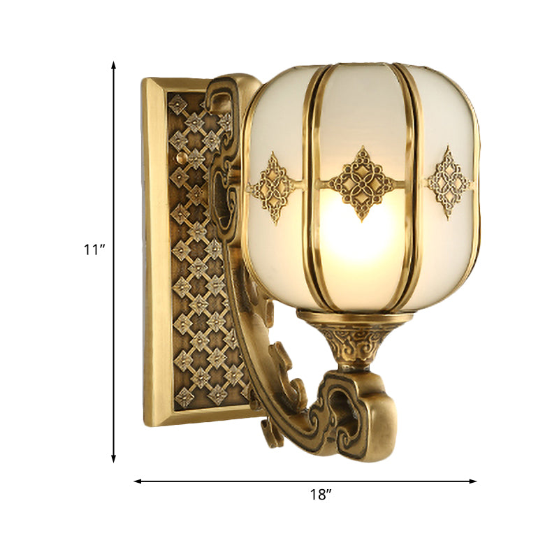 Lantern Bedroom Wall Sconce Light Colonial Frosted Glass 1-Bulb Gold Wall Lamp with Curved/Straight Arm Clearhalo 'Wall Lamps & Sconces' 'Wall Lights' Lighting' 1476325