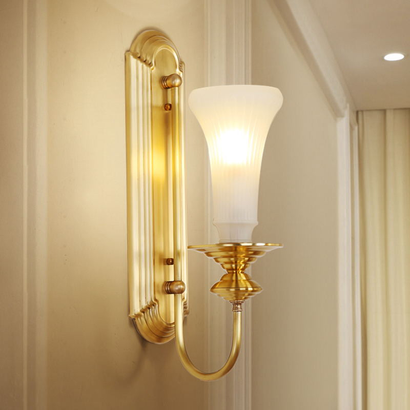 1/2-Bulb Bell Wall Sconce Lamp Colonial Gold Frosted White Glass Wall Light with Metal Gooseneck Arm Clearhalo 'Wall Lamps & Sconces' 'Wall Lights' Lighting' 1476328