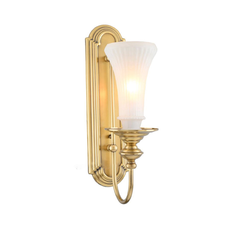 1/2-Bulb Bell Wall Sconce Lamp Colonial Gold Frosted White Glass Wall Light with Metal Gooseneck Arm Clearhalo 'Wall Lamps & Sconces' 'Wall Lights' Lighting' 1476329