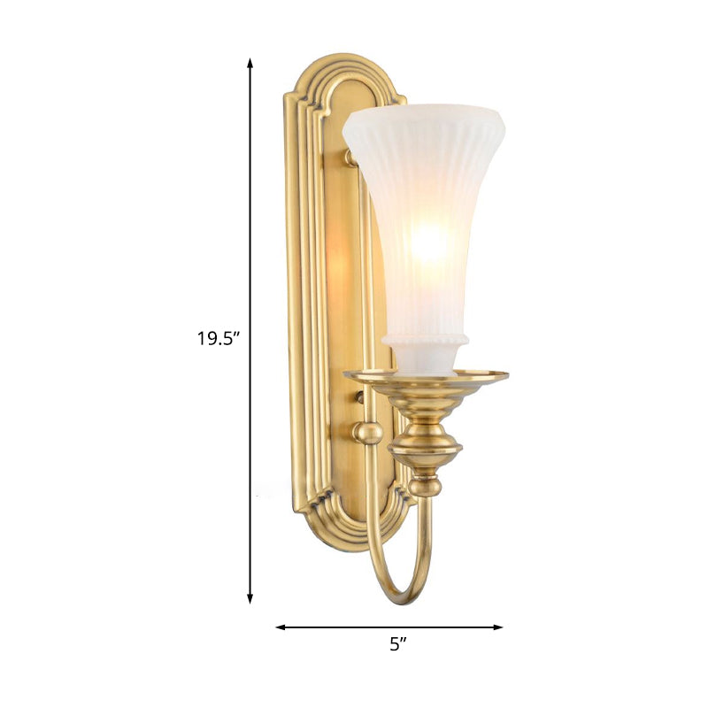 1/2-Bulb Bell Wall Sconce Lamp Colonial Gold Frosted White Glass Wall Light with Metal Gooseneck Arm Clearhalo 'Wall Lamps & Sconces' 'Wall Lights' Lighting' 1476330