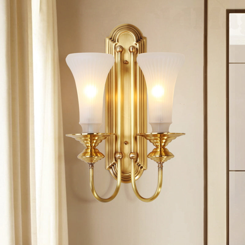 1/2-Bulb Bell Wall Sconce Lamp Colonial Gold Frosted White Glass Wall Light with Metal Gooseneck Arm Clearhalo 'Wall Lamps & Sconces' 'Wall Lights' Lighting' 1476331