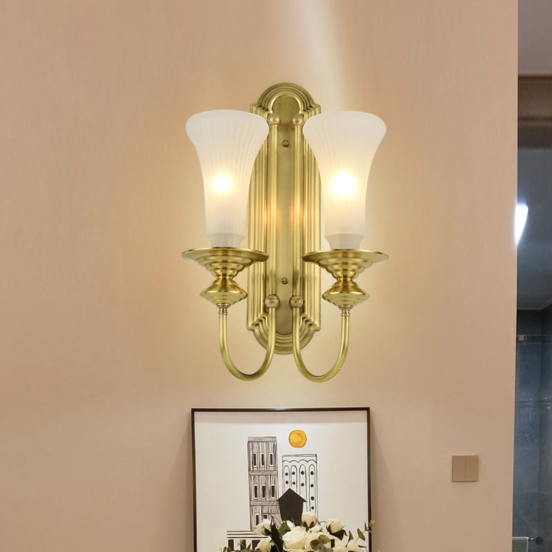 1/2-Bulb Bell Wall Sconce Lamp Colonial Gold Frosted White Glass Wall Light with Metal Gooseneck Arm 2.0 Gold Clearhalo 'Wall Lamps & Sconces' 'Wall Lights' Lighting' 1476332