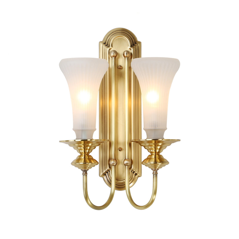 1/2-Bulb Bell Wall Sconce Lamp Colonial Gold Frosted White Glass Wall Light with Metal Gooseneck Arm Clearhalo 'Wall Lamps & Sconces' 'Wall Lights' Lighting' 1476334