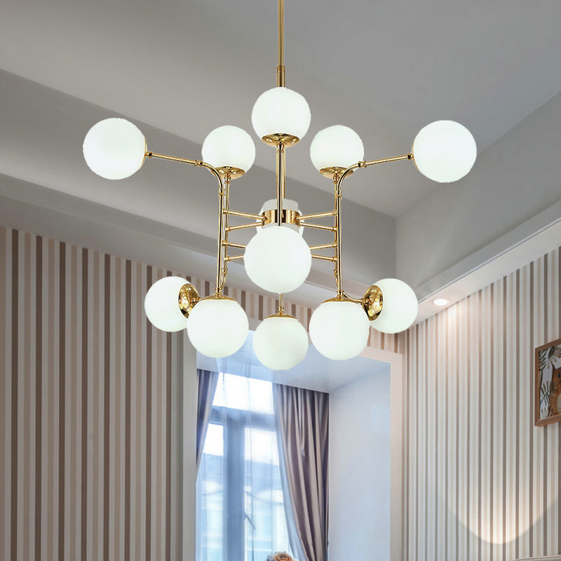 12/16/24 Lights Chandelier Contemporary Gold Hanging Lamp with Ball Opal Glass Shade 12 Gold Clearhalo 'Ceiling Lights' 'Chandeliers' 'Glass shade' 'Glass' 'Modern Chandeliers' 'Modern' Lighting' 147679