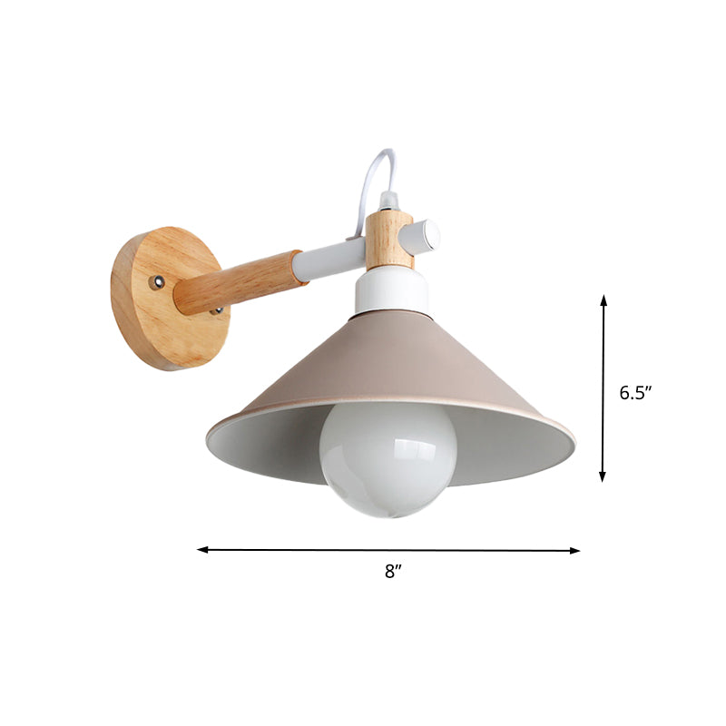 Nordic Stylish Cone Wall Lighting Fixture 1 Head Metallic Sconce Lamp with Wooden Joint in Black/Grey for Hallway Clearhalo 'Cast Iron' 'Glass' 'Industrial' 'Modern wall lights' 'Modern' 'Tiffany' 'Traditional wall lights' 'Wall Lamps & Sconces' 'Wall Lights' Lighting' 147694