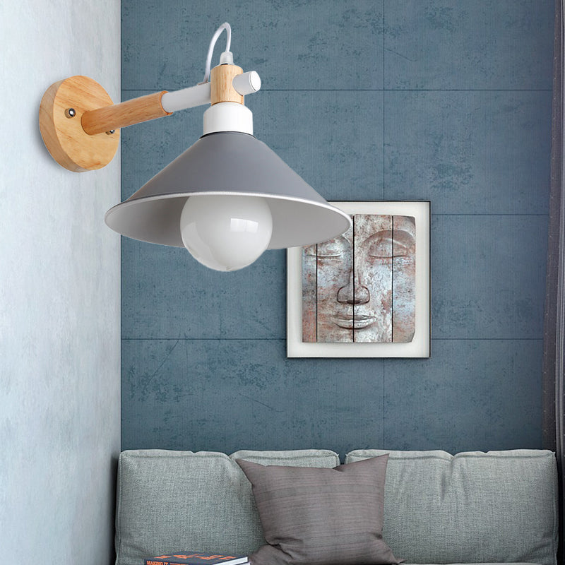 Nordic Stylish Cone Wall Lighting Fixture 1 Head Metallic Sconce Lamp with Wooden Joint in Black/Grey for Hallway Grey Clearhalo 'Cast Iron' 'Glass' 'Industrial' 'Modern wall lights' 'Modern' 'Tiffany' 'Traditional wall lights' 'Wall Lamps & Sconces' 'Wall Lights' Lighting' 147695