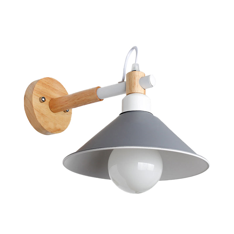 Nordic Stylish Cone Wall Lighting Fixture 1 Head Metallic Sconce Lamp with Wooden Joint in Black/Grey for Hallway Clearhalo 'Cast Iron' 'Glass' 'Industrial' 'Modern wall lights' 'Modern' 'Tiffany' 'Traditional wall lights' 'Wall Lamps & Sconces' 'Wall Lights' Lighting' 147697