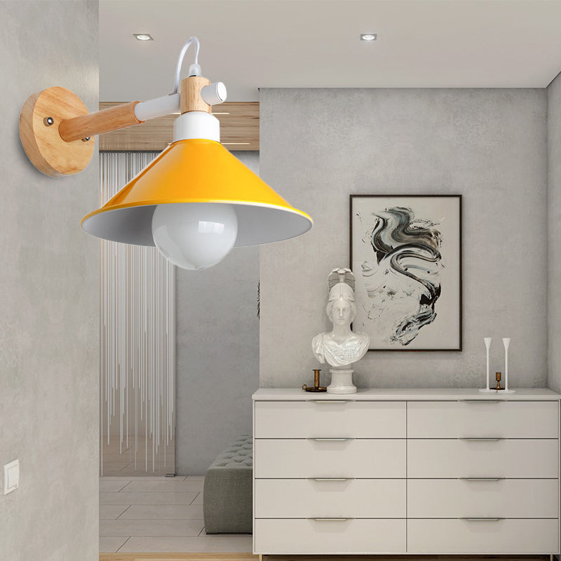 Nordic Stylish Cone Wall Lighting Fixture 1 Head Metallic Sconce Lamp with Wooden Joint in Black/Grey for Hallway Yellow Clearhalo 'Cast Iron' 'Glass' 'Industrial' 'Modern wall lights' 'Modern' 'Tiffany' 'Traditional wall lights' 'Wall Lamps & Sconces' 'Wall Lights' Lighting' 147701
