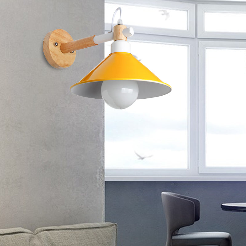 Nordic Stylish Cone Wall Lighting Fixture 1 Head Metallic Sconce Lamp with Wooden Joint in Black/Grey for Hallway Clearhalo 'Cast Iron' 'Glass' 'Industrial' 'Modern wall lights' 'Modern' 'Tiffany' 'Traditional wall lights' 'Wall Lamps & Sconces' 'Wall Lights' Lighting' 147702