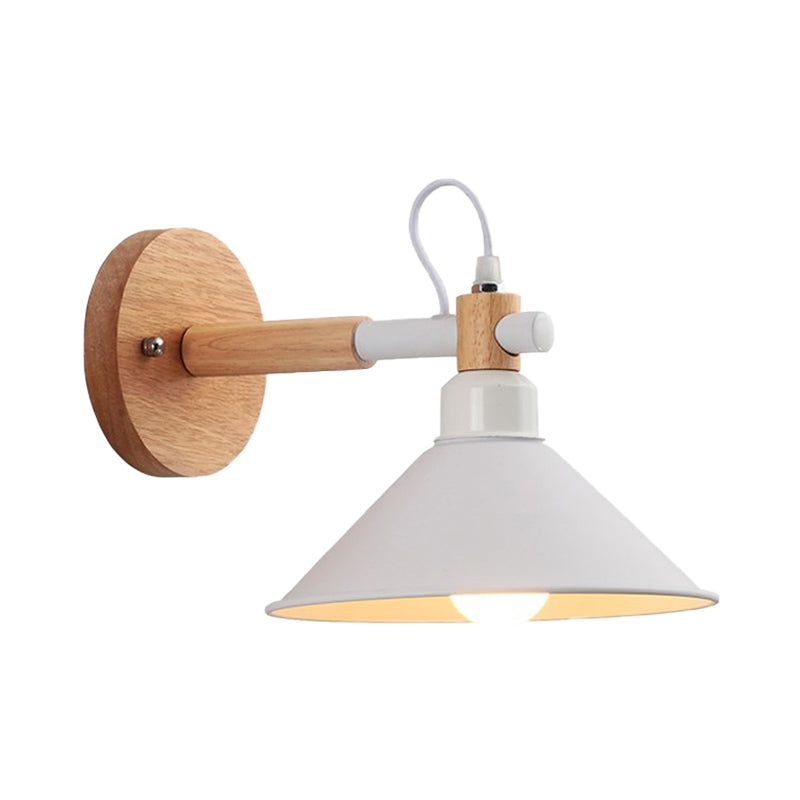 Nordic Stylish Cone Wall Lighting Fixture 1 Head Metallic Sconce Lamp with Wooden Joint in Black/Grey for Hallway Clearhalo 'Cast Iron' 'Glass' 'Industrial' 'Modern wall lights' 'Modern' 'Tiffany' 'Traditional wall lights' 'Wall Lamps & Sconces' 'Wall Lights' Lighting' 147706
