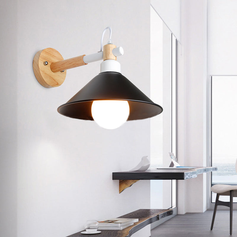 Nordic Stylish Cone Wall Lighting Fixture 1 Head Metallic Sconce Lamp with Wooden Joint in Black/Grey for Hallway Black Clearhalo 'Cast Iron' 'Glass' 'Industrial' 'Modern wall lights' 'Modern' 'Tiffany' 'Traditional wall lights' 'Wall Lamps & Sconces' 'Wall Lights' Lighting' 147707