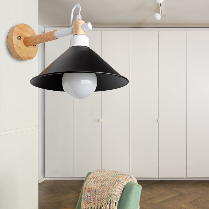 Nordic Stylish Cone Wall Lighting Fixture 1 Head Metallic Sconce Lamp with Wooden Joint in Black/Grey for Hallway Clearhalo 'Cast Iron' 'Glass' 'Industrial' 'Modern wall lights' 'Modern' 'Tiffany' 'Traditional wall lights' 'Wall Lamps & Sconces' 'Wall Lights' Lighting' 147708