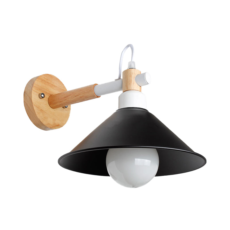Nordic Stylish Cone Wall Lighting Fixture 1 Head Metallic Sconce Lamp with Wooden Joint in Black/Grey for Hallway Clearhalo 'Cast Iron' 'Glass' 'Industrial' 'Modern wall lights' 'Modern' 'Tiffany' 'Traditional wall lights' 'Wall Lamps & Sconces' 'Wall Lights' Lighting' 147709