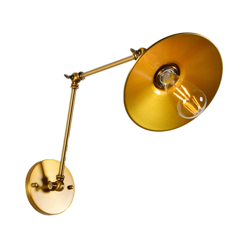 Industrial Style Swing Arm Wall Lamp with Flared Shade 1 Light Metal Wall Mount Light in Brass Clearhalo 'Art deco wall lights' 'Cast Iron' 'Glass' 'Industrial wall lights' 'Industrial' 'Middle century wall lights' 'Modern' 'Rustic wall lights' 'Tiffany' 'Traditional wall lights' 'Wall Lamps & Sconces' 'Wall Lights' Lighting' 147766