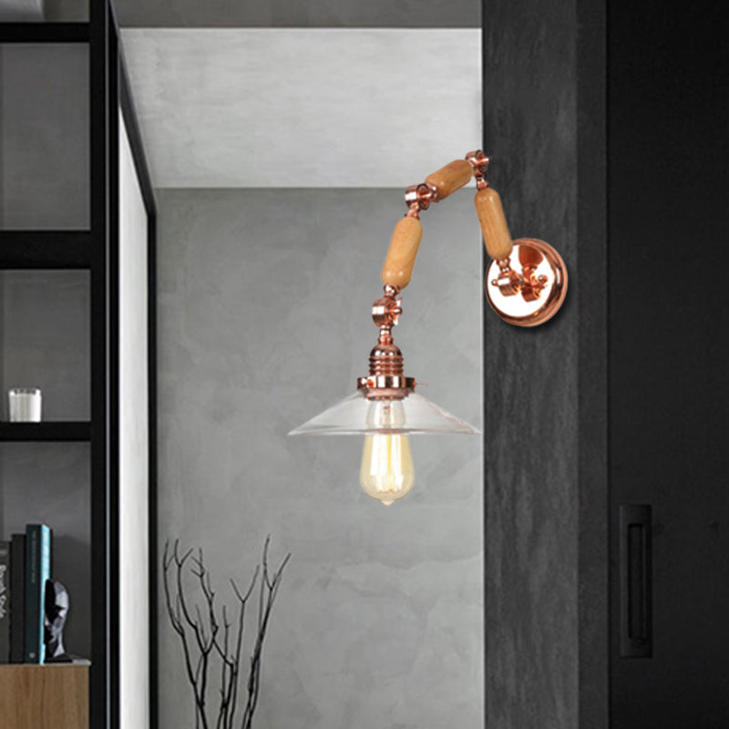 Conical Clear Glass Wall Mounted Lamp Vintage Single Bulb Living Room Sconce Light in Rose Gold with Arm Clear Clearhalo 'Cast Iron' 'Glass' 'Industrial wall lights' 'Industrial' 'Middle century wall lights' 'Modern' 'Tiffany' 'Traditional wall lights' 'Wall Lamps & Sconces' 'Wall Lights' Lighting' 147815