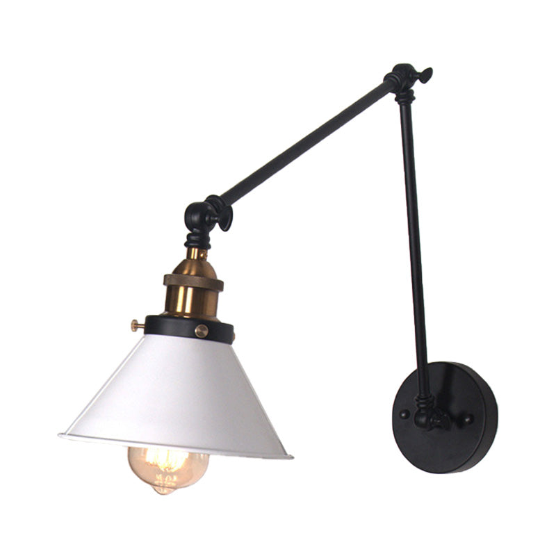 1 Light Adjustable Wall Lamp with Cone Shade Metal Retro Indoor Wall Sconce Light in Black/White Clearhalo 'Cast Iron' 'Glass' 'Industrial' 'Modern wall lights' 'Modern' 'Tiffany' 'Traditional wall lights' 'Wall Lamps & Sconces' 'Wall Lights' Lighting' 148058