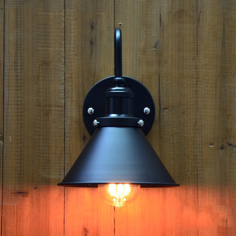 Gooseneck Metallic Wall Sconce with Cone Shade Vintage 1 Light Corridor Wall Mount Fixture in Black Black Clearhalo 'Art deco wall lights' 'Cast Iron' 'Glass' 'Industrial wall lights' 'Industrial' 'Middle century wall lights' 'Modern' 'Rustic wall lights' 'Tiffany' 'Traditional wall lights' 'Wall Lamps & Sconces' 'Wall Lights' Lighting' 148125